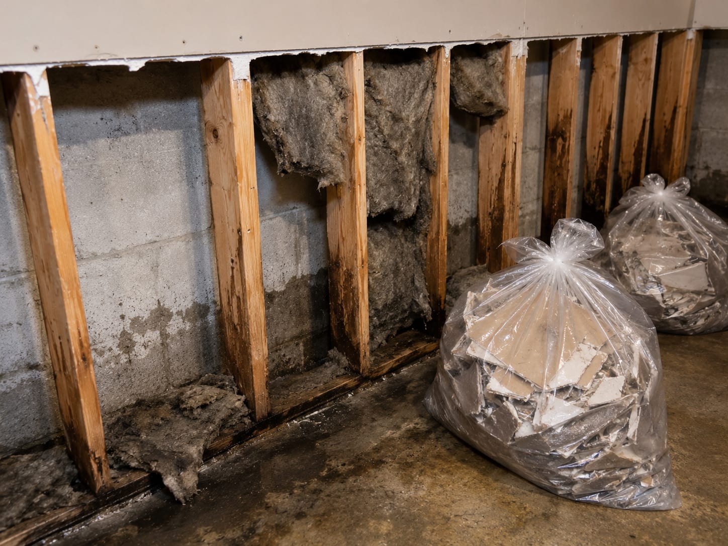 Flood-damaged lower drywall cut away from basement framing studs revealing wet insulation being removed with debris staged in open plastic bags nearby