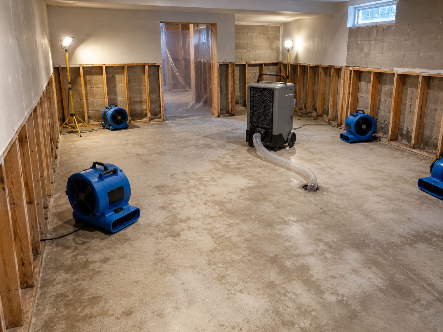 Dried and cleaned basement interior after flood damage remediation with air movers and dehumidifiers running along concrete floor