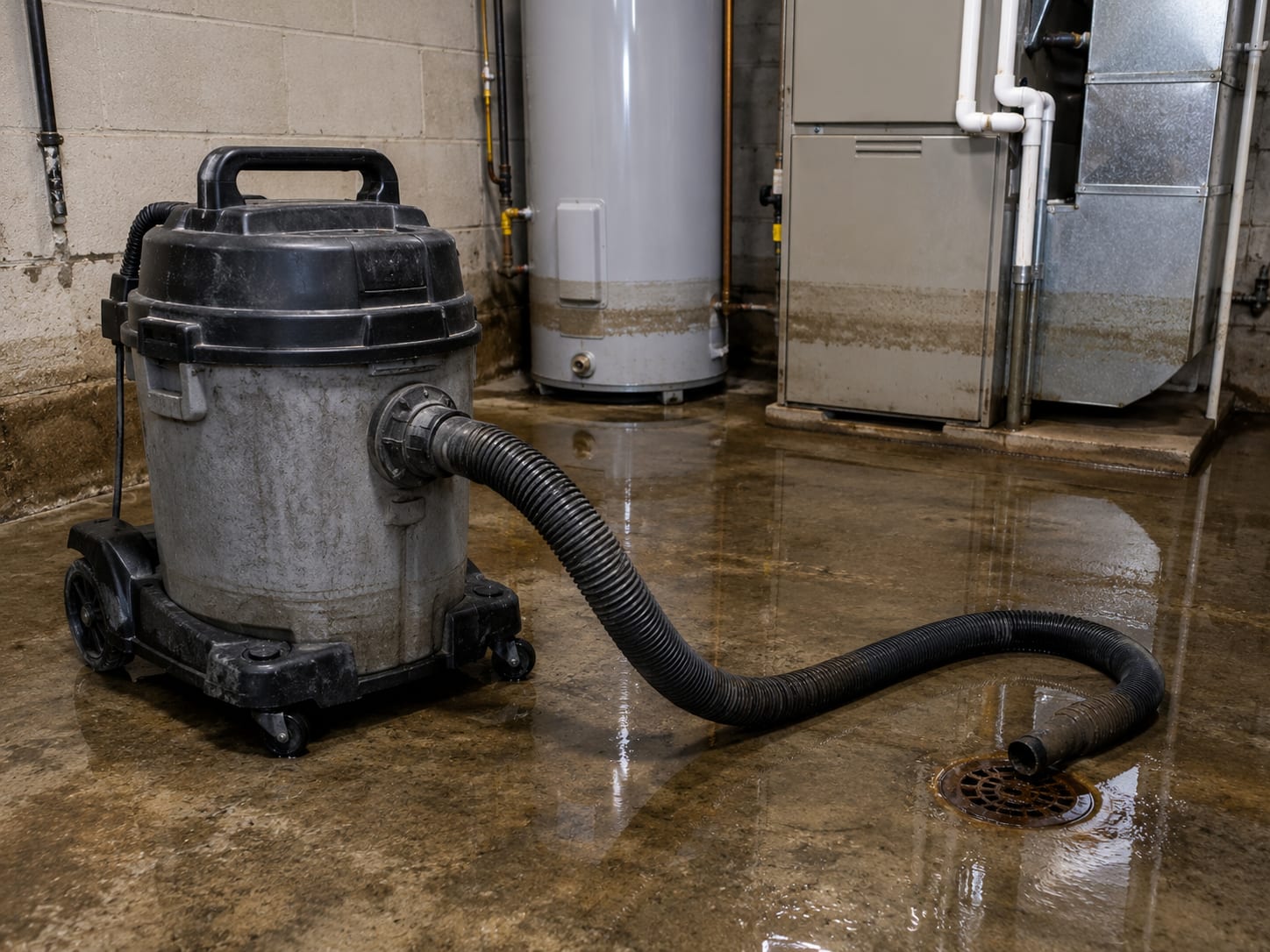 Heavy duty wet-dry extraction vacuum and discharge hose on flooded utility room floor with visible water pooling near water heater base