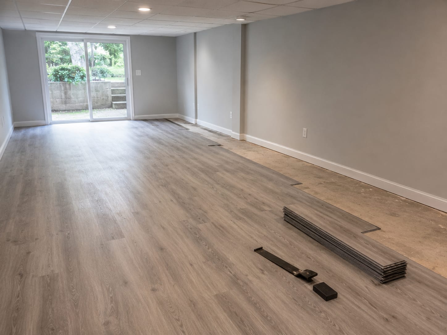 Mid-installation view of luxury vinyl plank flooring being laid in a finished New Jersey basement with a partial row in progress and stacked planks nearby