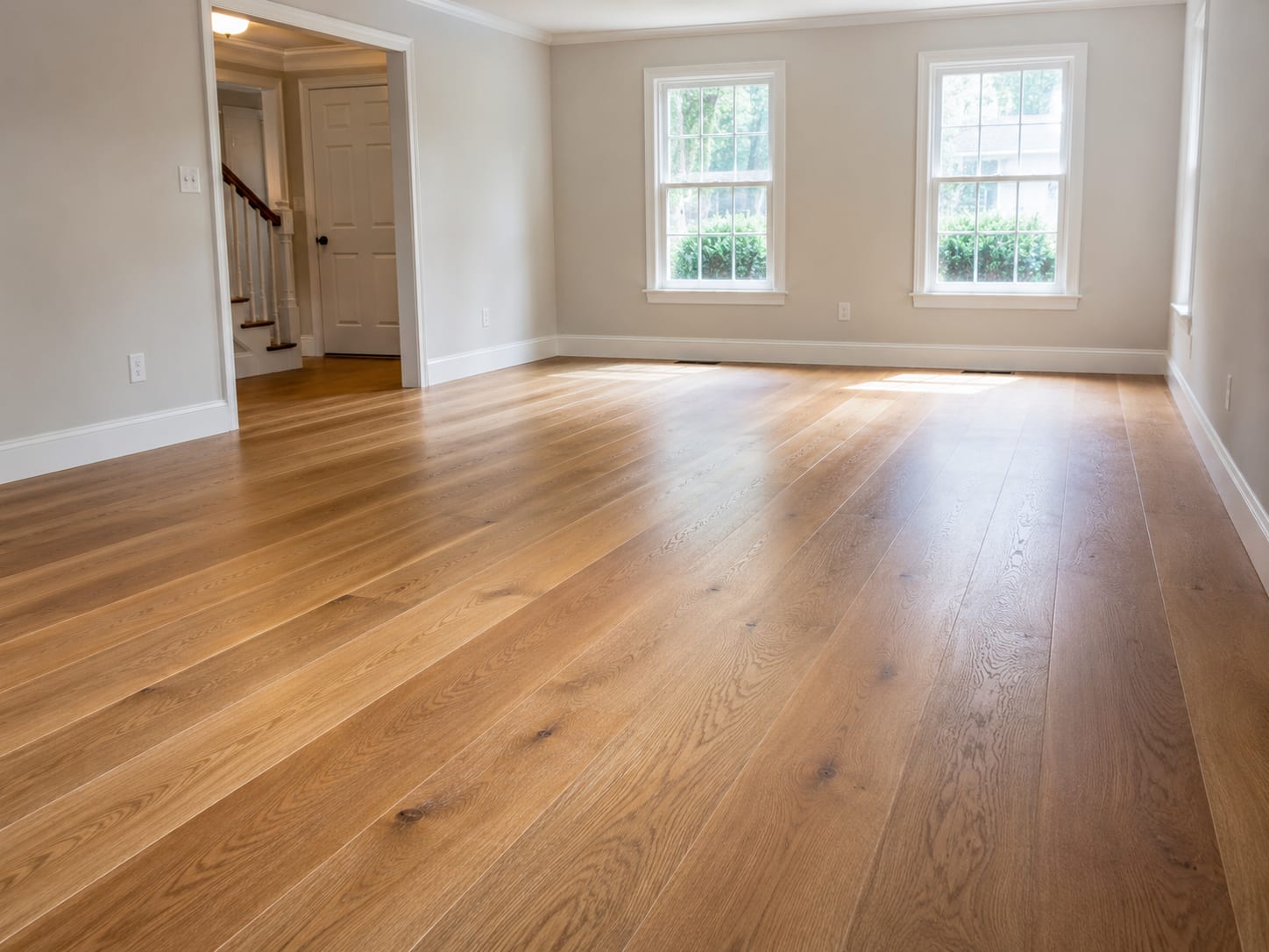 Freshly installed wide-plank hardwood flooring in a bright central New Jersey colonial home living room with natural light streaming through double-hung windows