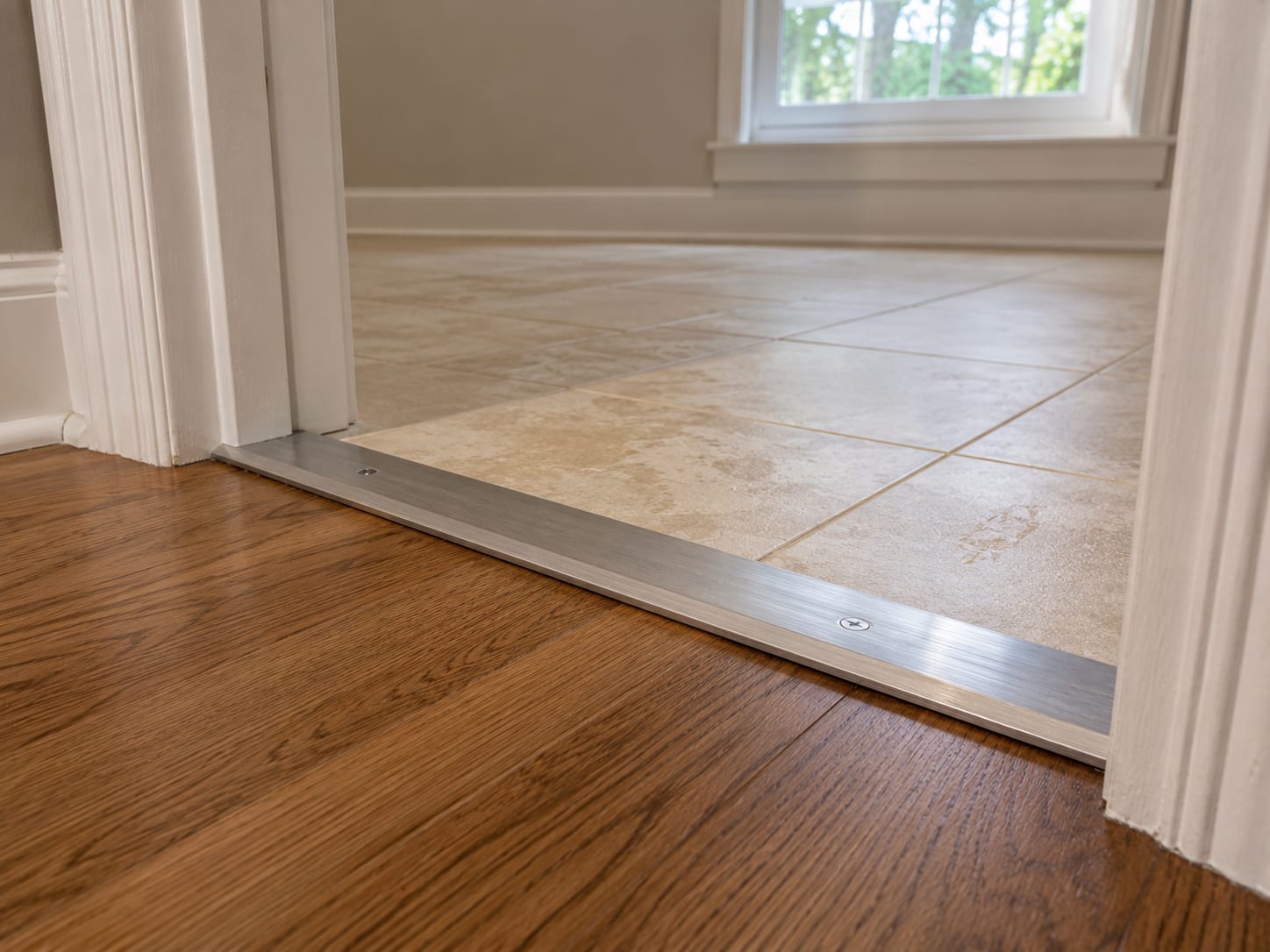 Close-up of a completed hardwood-to-tile transition strip at an interior doorway in a New Jersey home showing precise edge work and flooring materials meeting cleanly