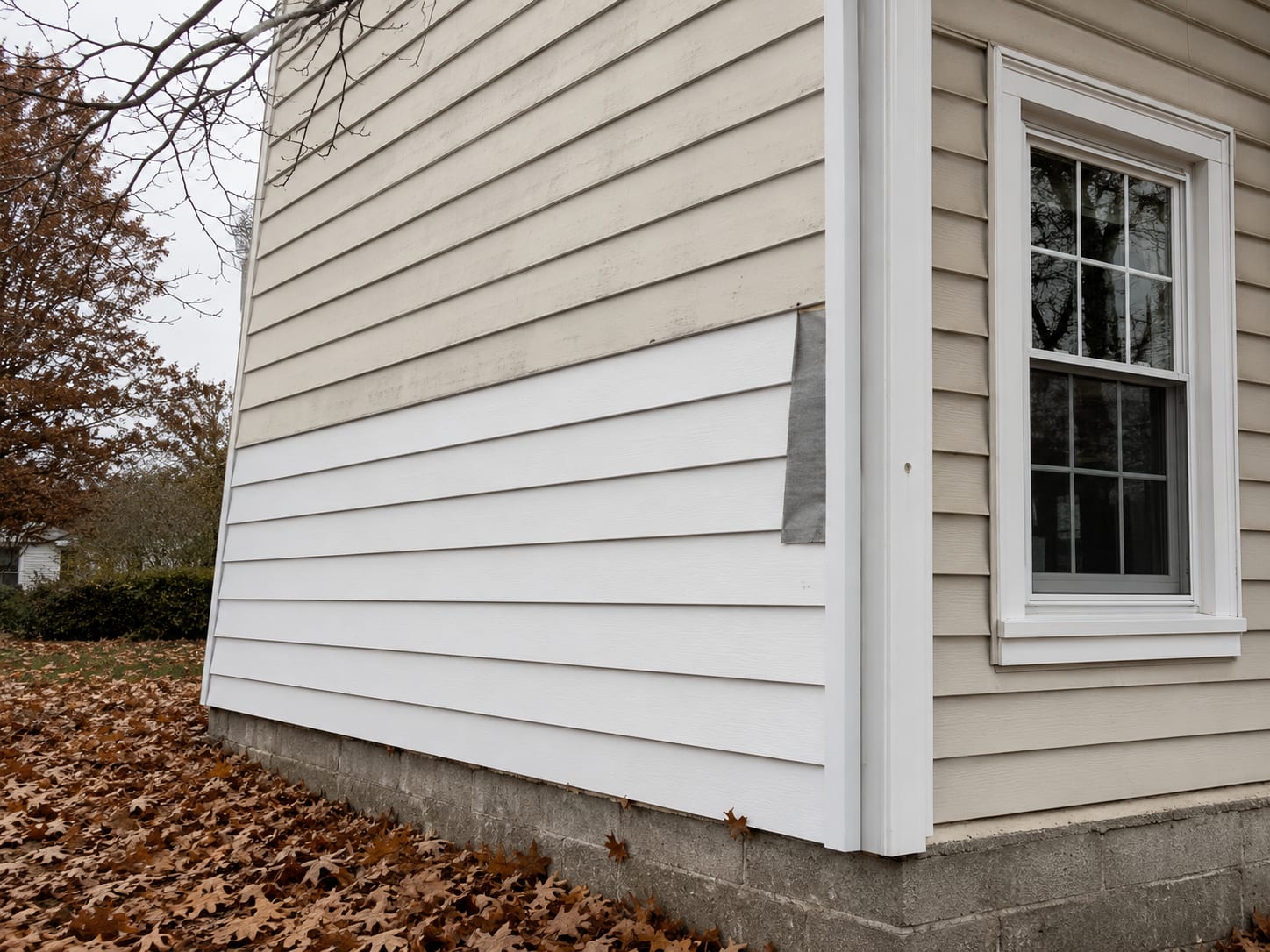 Freshly installed white vinyl siding panels on the lower facade of a New Jersey colonial home with new trim boards at a window corner