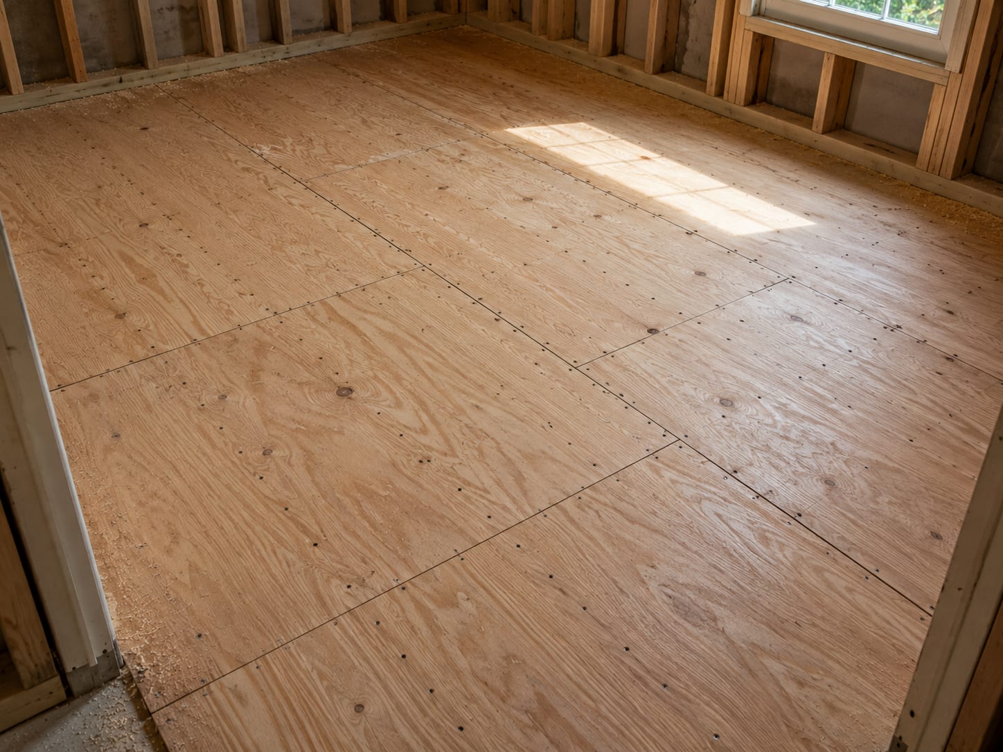 New plywood subfloor panels installed over floor joists in a stripped residential room during general contracting restoration in New Jersey