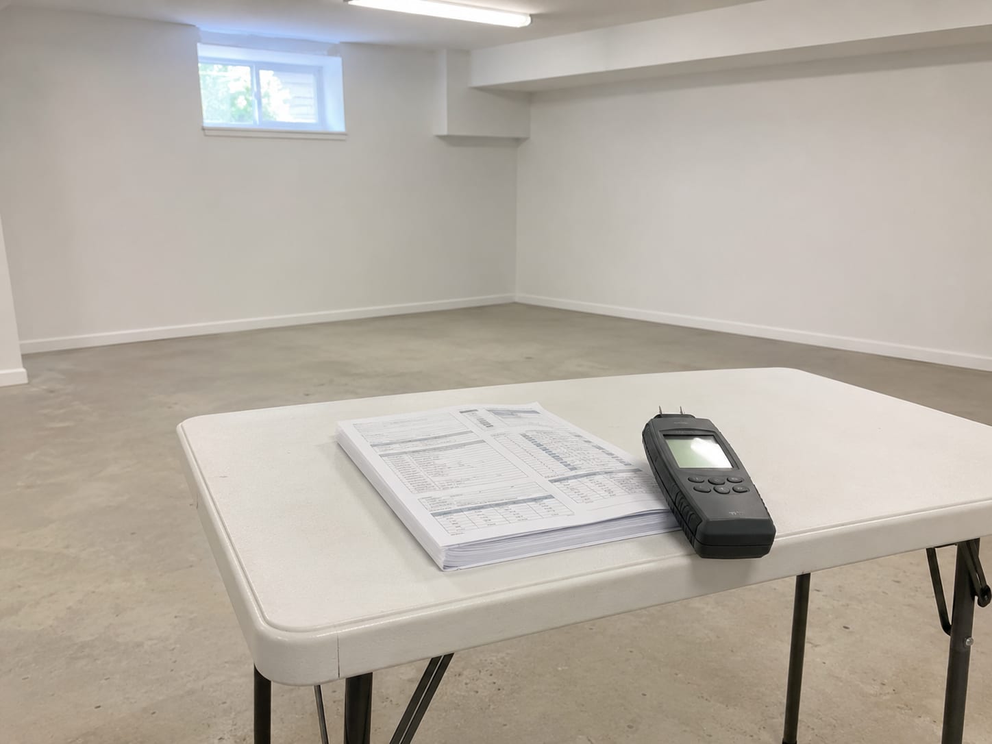 Clean finished basement interior after mold remediation with moisture meter resting on dry drywall beside stacked inspection report pages on a folding table