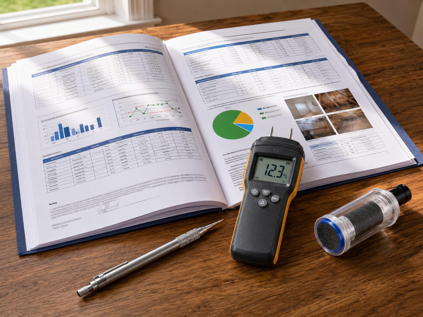 Multi-page mold clearance and air quality report spread open on a wooden surface beside a digital moisture meter and an air sampling cassette in a New Jersey home inspection setting
