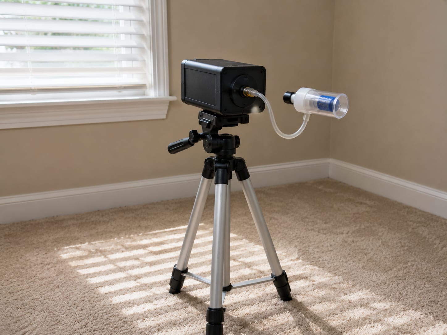 Close-up of an air sampling cassette clipped to a portable pump mounted on a tripod in a carpeted New Jersey bedroom during indoor air quality testing for a real estate transaction