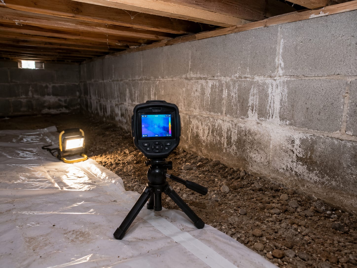 Narrow crawl space beneath a New Jersey cape cod home with a thermal imaging camera aimed at a concrete foundation wall showing a blue-toned cold moisture gradient on its display screen