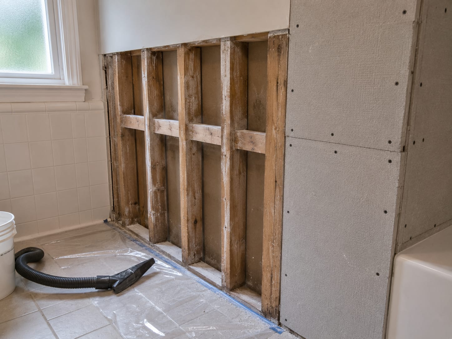 Opened bathroom wall cavity in a New Jersey single-family home showing removed drywall section exposing treated wood framing studs with no remaining mold beside new cement board installed on adjacent wall