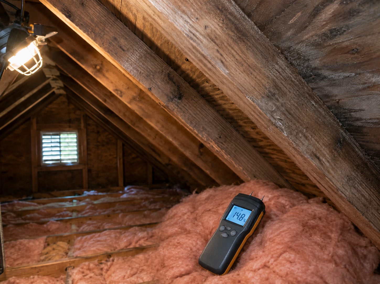 Residential attic in a New Jersey colonial home showing treated and dried roof rafters and sheathing boards after mold remediation with a pin-type moisture meter pressed against a rafter