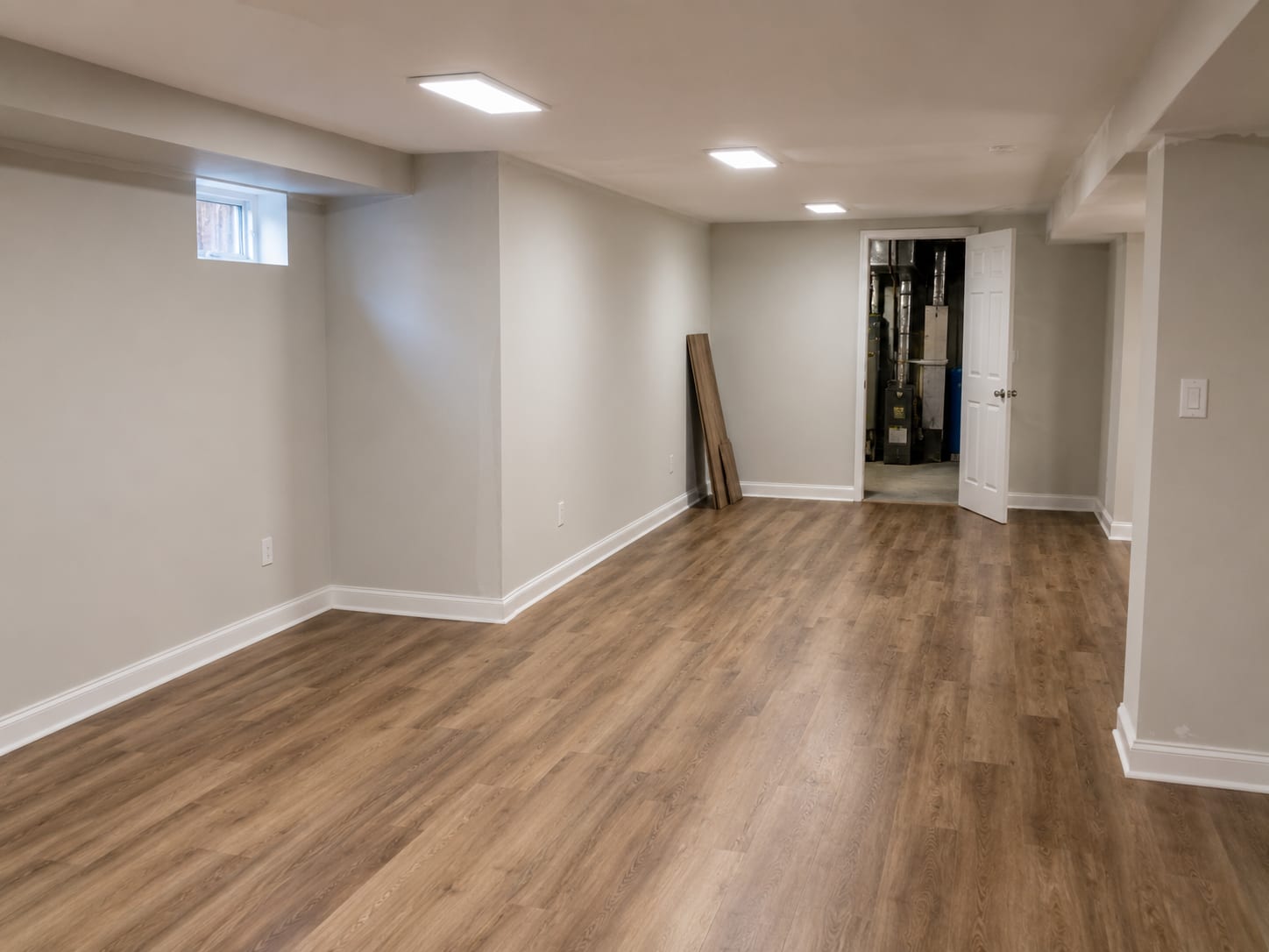 Finished New Jersey basement remodel showing newly framed and drywalled walls with fresh paint, luxury vinyl plank flooring, and a utility room doorway visible at the far end under overhead LED lighting