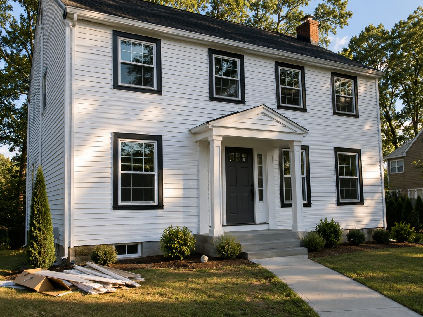 Exterior view of a central New Jersey colonial home with newly installed white vinyl clapboard siding, replacement double-hung windows with black trim, and a freshly painted front door on a clear daytime afternoon