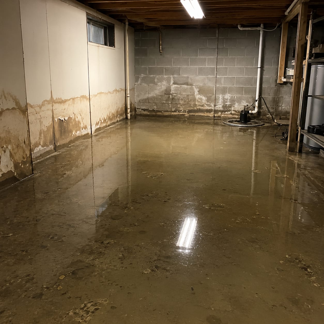 Flooded basement with standing water across the floor, waterline staining on the walls, and a sump pump