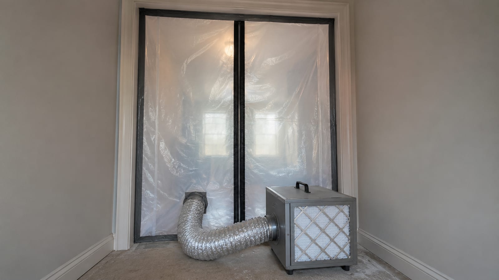 Zippered plastic containment barrier across a doorway with a HEPA negative-air scrubber and flexible ducting
