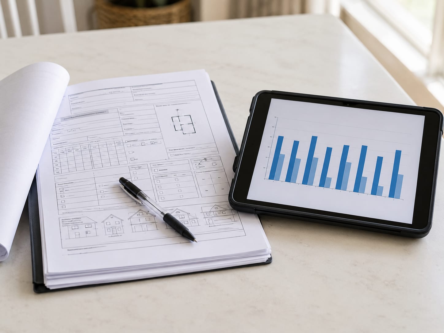 Printed mold and water inspection report beside a tablet showing moisture-reading charts on a table