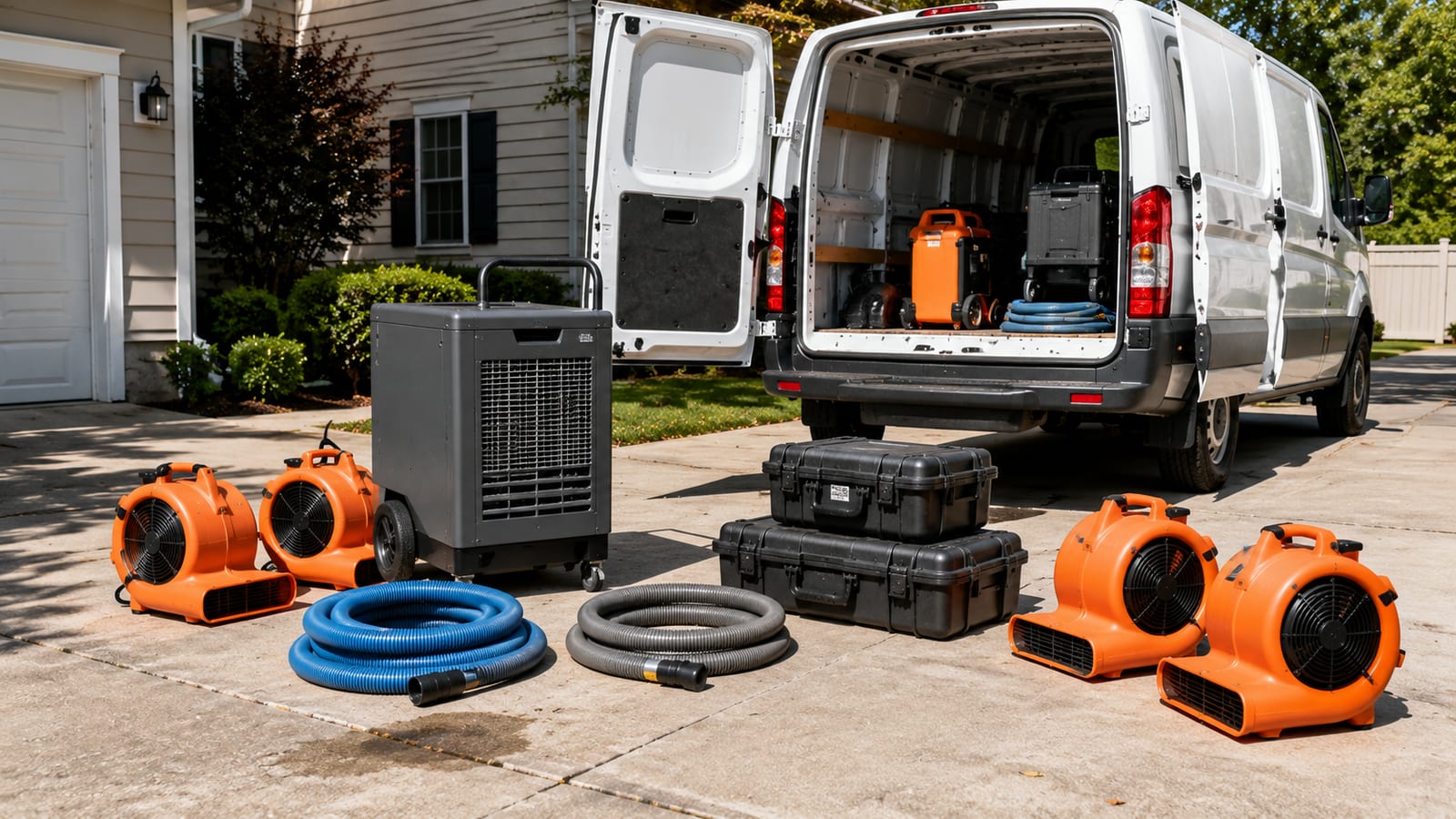 Air movers, a dehumidifier, hoses, and equipment cases staged in a driveway beside an open plain white work van