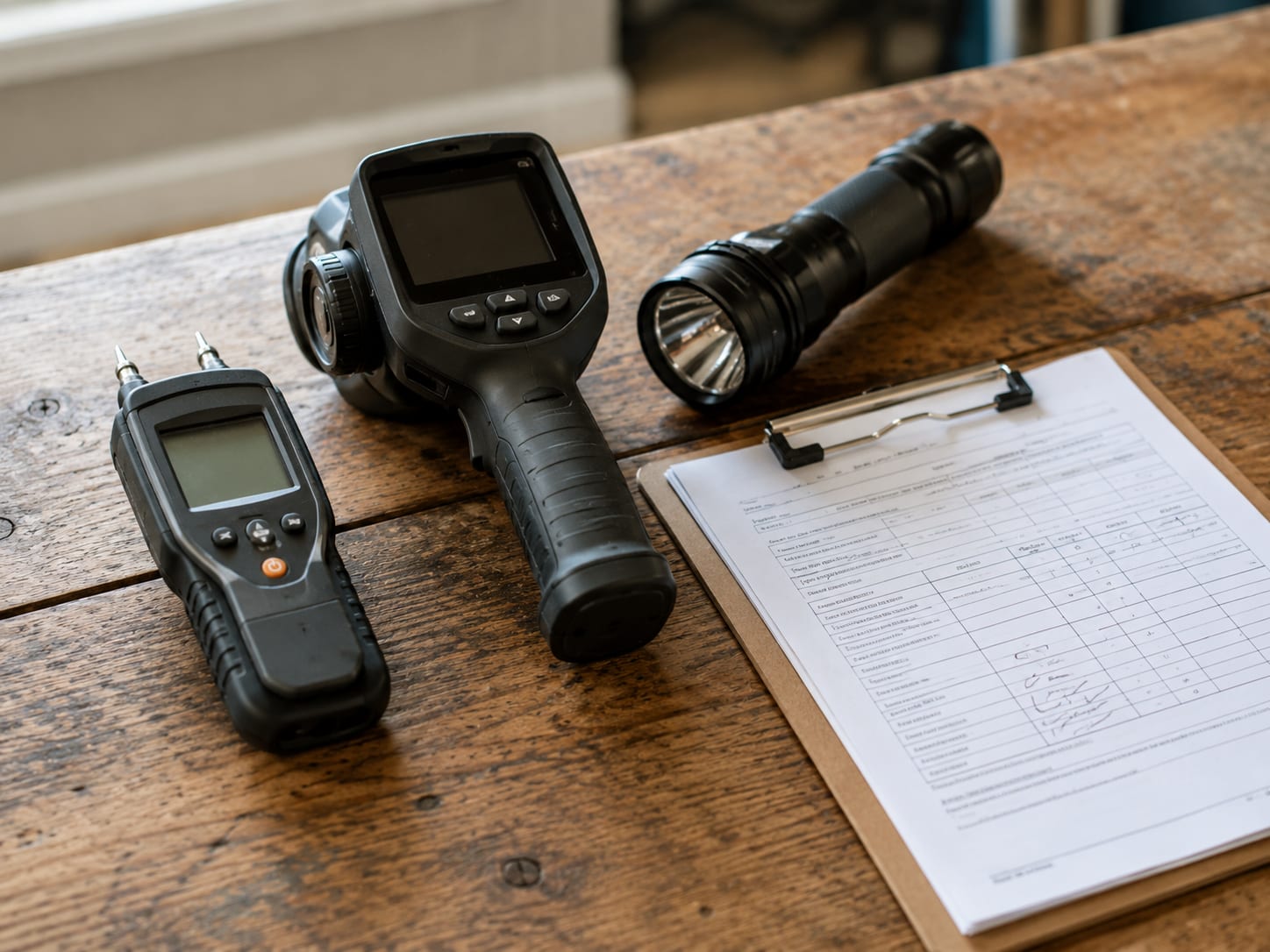 Moisture meter, thermal imaging camera, flashlight, and a clipboard with an inspection report on a wooden table