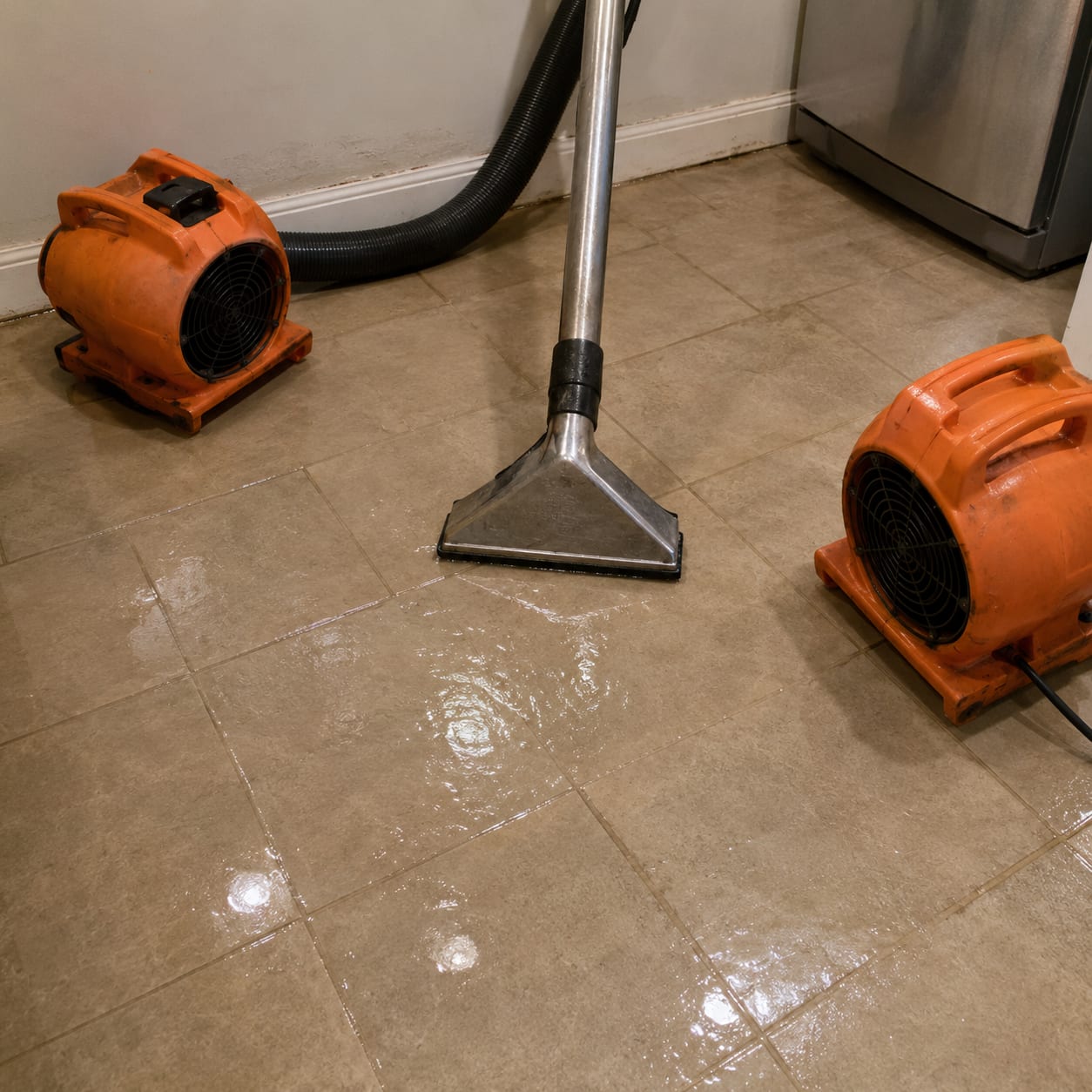 Water extraction vacuum and air mover fans drying a wet tile floor with standing water near the baseboard