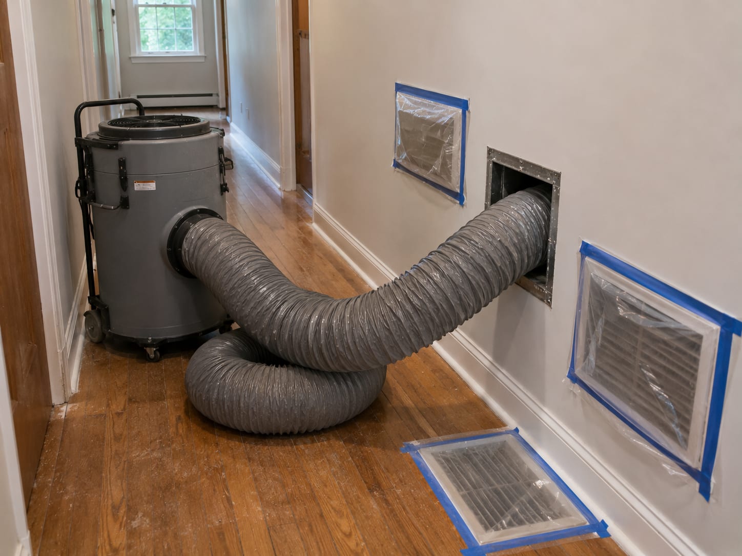 Large negative air machine connected to flexible duct hose running into a residential HVAC return vent opening in a hallway