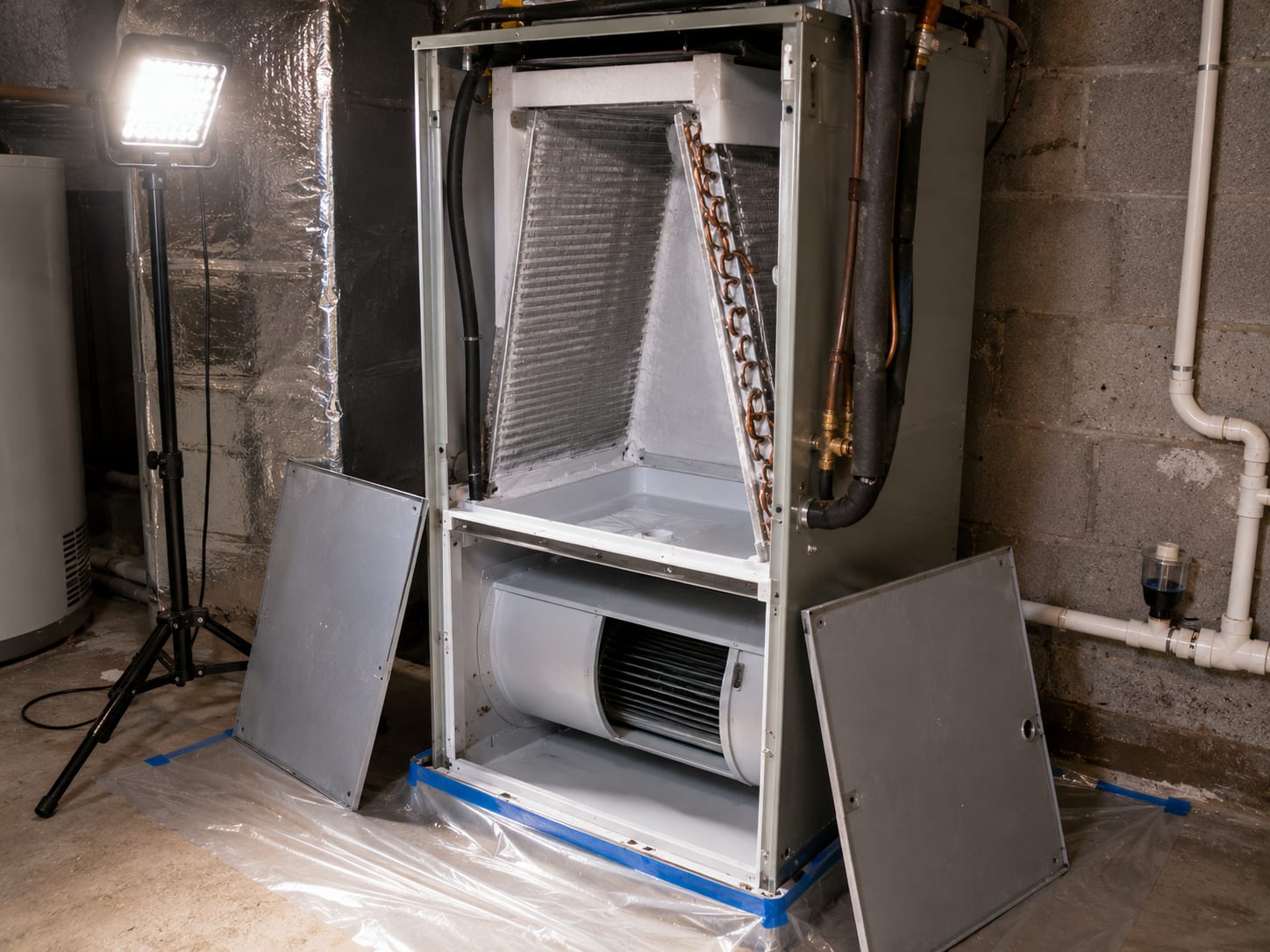 Open residential air handler cabinet revealing cleaned evaporator coil and treated interior surfaces with antimicrobial coating residue visible