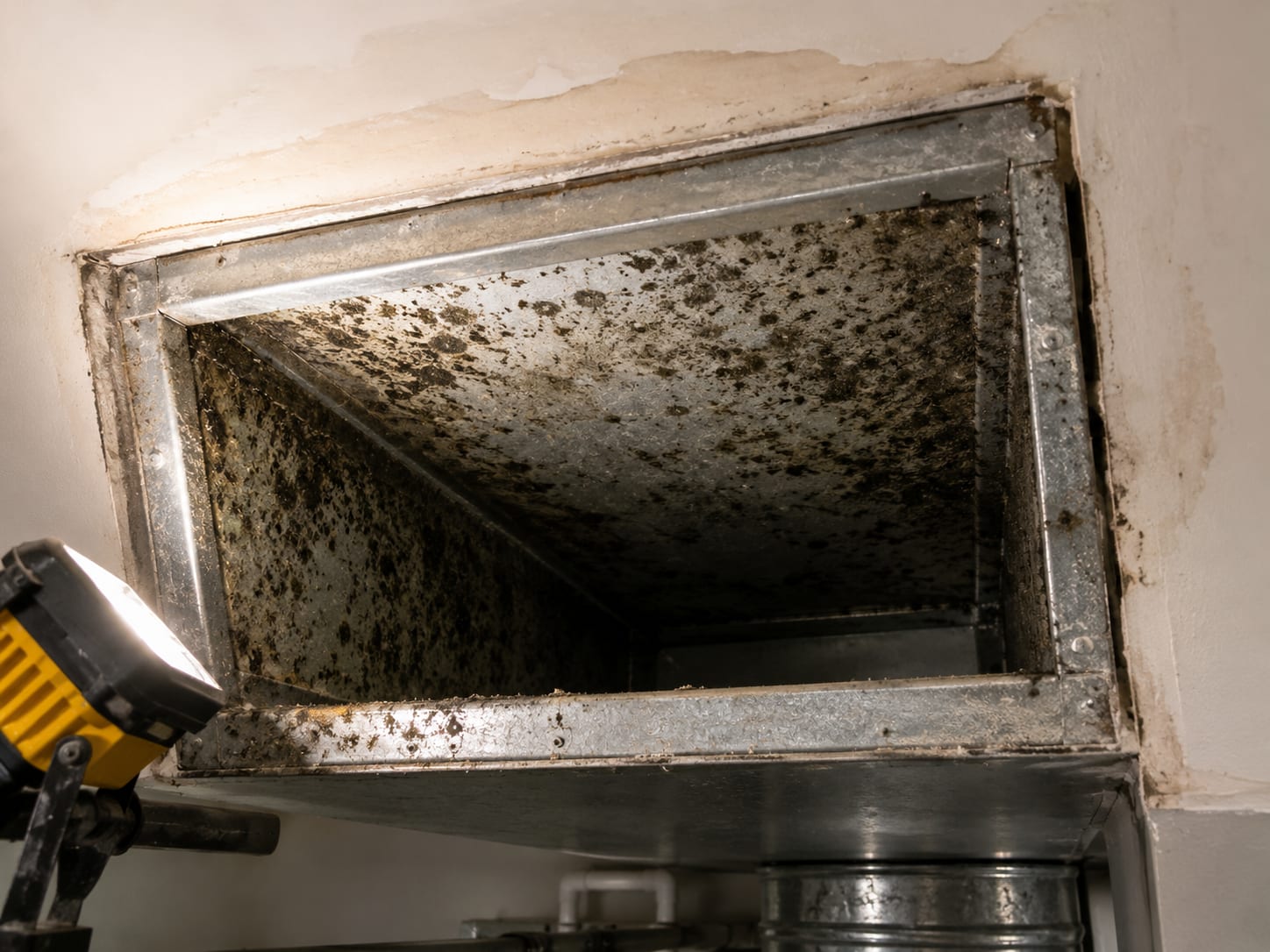 Close view of a residential HVAC duct opening with visible mold growth on interior metal surfaces inside a utility room