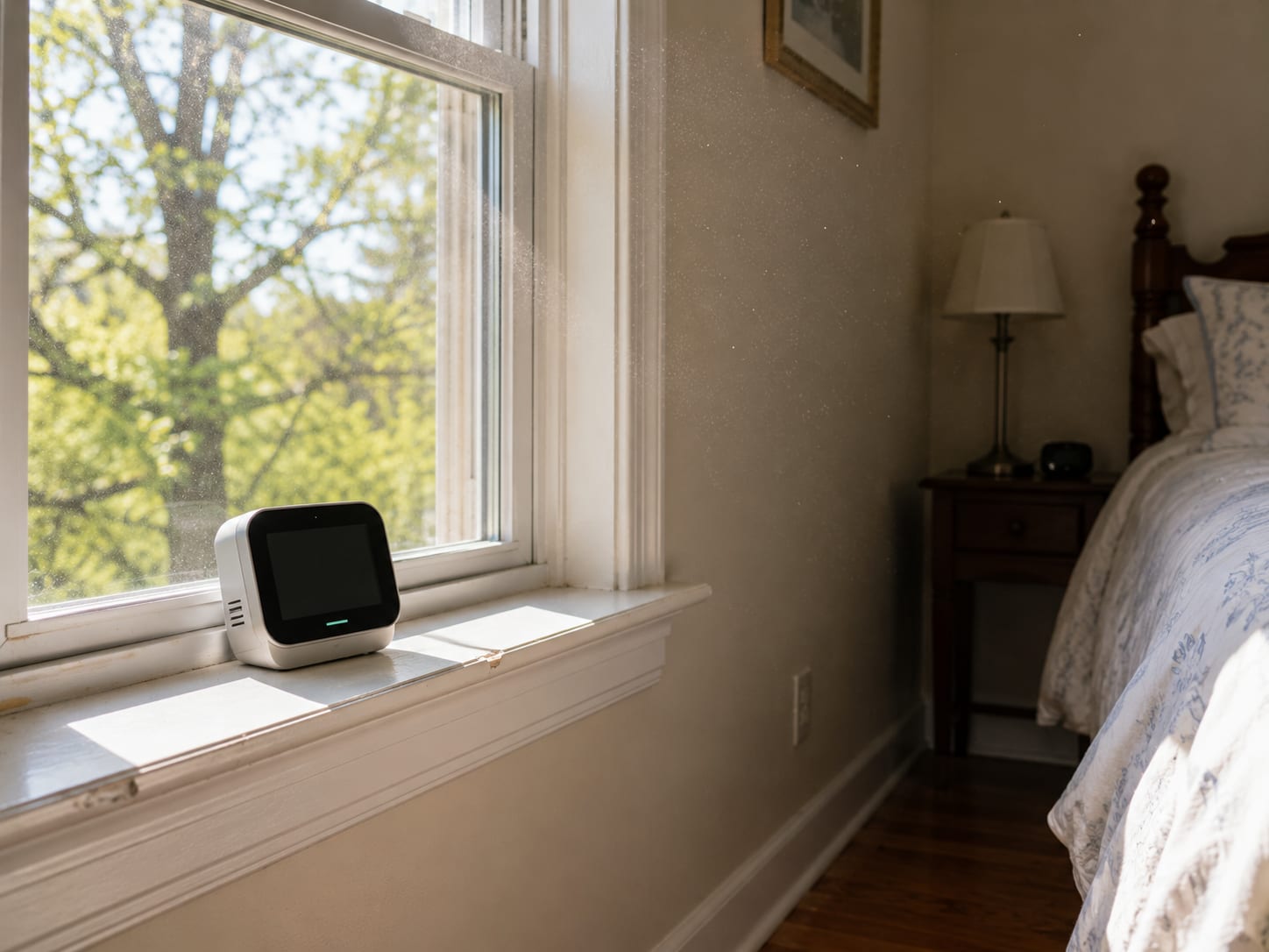 Compact unbranded digital air quality monitor sitting on a painted wood window sill in a sunlit residential bedroom