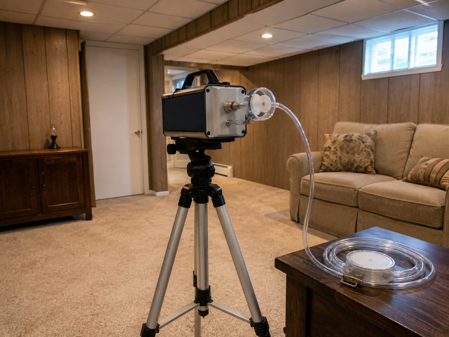 Air quality sampling pump on tripod positioned in finished basement living area beside a cassette air sampler on a side table