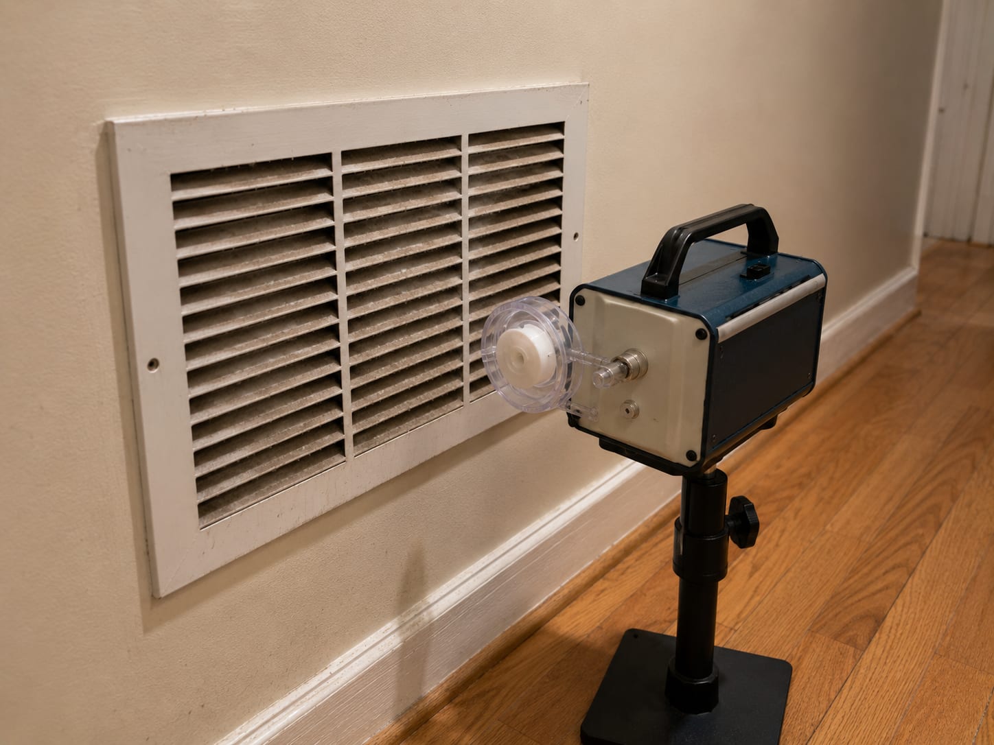 Unbranded air sampling pump with cassette positioned directly in front of a residential HVAC return air grille in a hallway