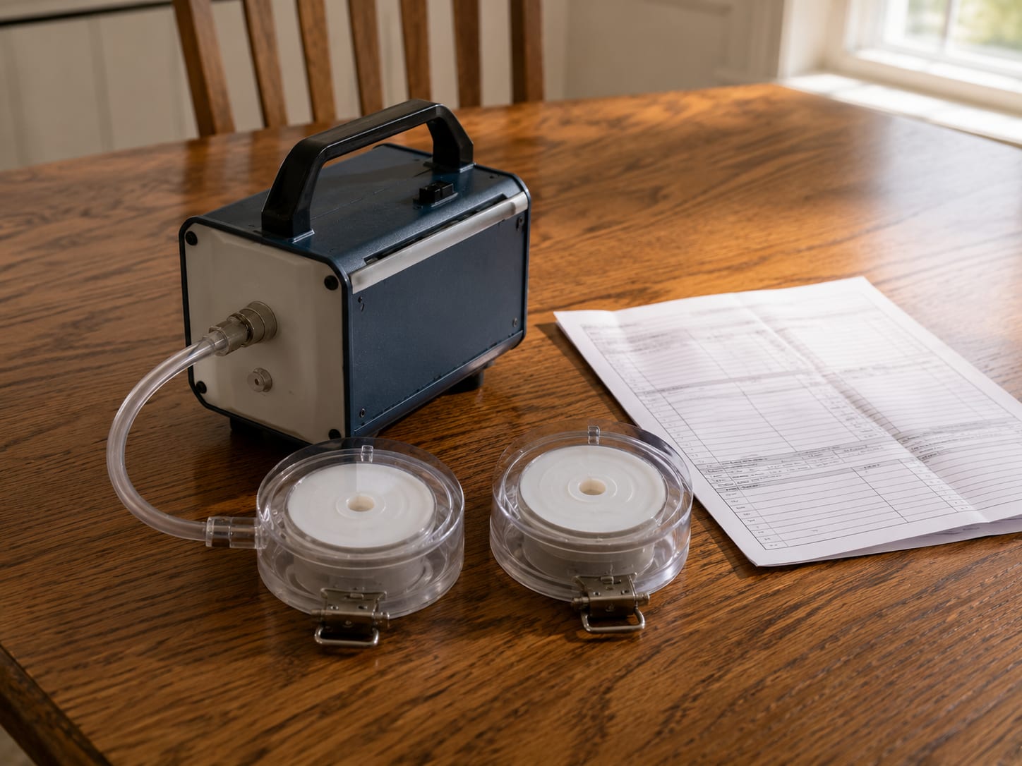 Close-up of two spore trap cassettes and a small unbranded sampling pump laid out on a wooden surface with a field data sheet