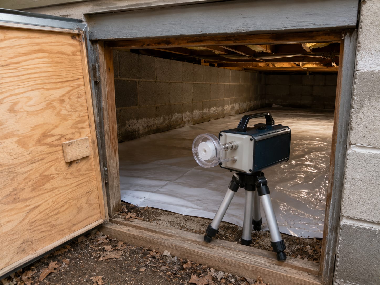 Unbranded air sampling pump on tripod positioned at the entrance of a concrete block crawl space with vapor barrier visible inside