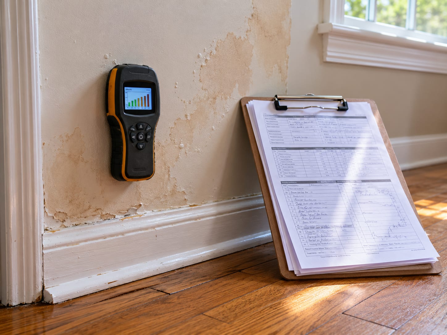 Moisture meter pressed against a water-stained drywall surface beside a printed inspection report on a clipboard resting on the floor
