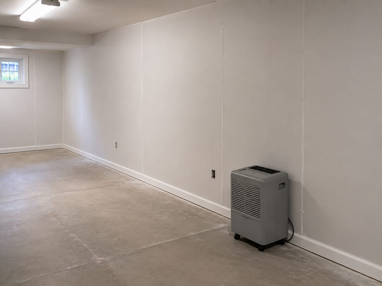 Freshly restored basement interior with clean drywall, dried concrete floor, and dehumidification equipment staged near the wall