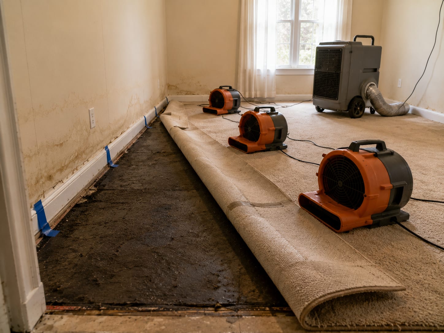 Array of axial air movers and a large dehumidifier positioned across a water-damaged living room floor with lifted carpet edges exposing wet pad beneath