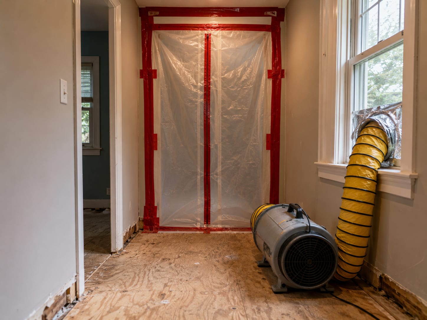 Plastic containment sheeting sealed across a doorway with a HEPA negative air machine venting through a window in a residential hallway
