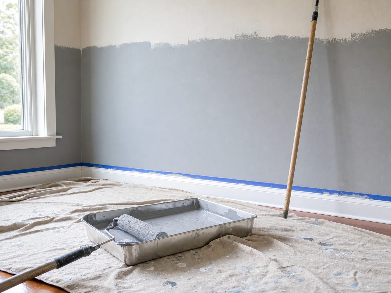 Interior painting prep scene showing canvas drop cloths spread across hardwood floors, a paint tray with rolled gray paint, a roller and extension pole, and painter's tape along the baseboard