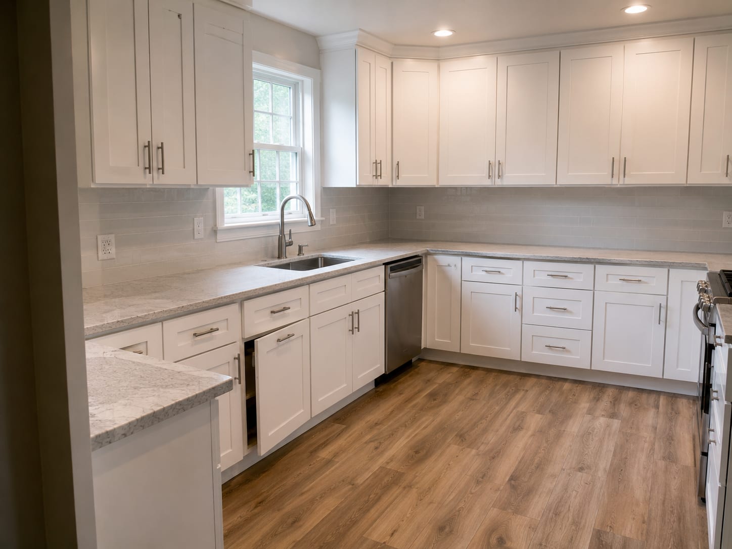 Freshly renovated kitchen interior with white shaker cabinets, quartz countertops, and new LVP flooring in a central New Jersey colonial home