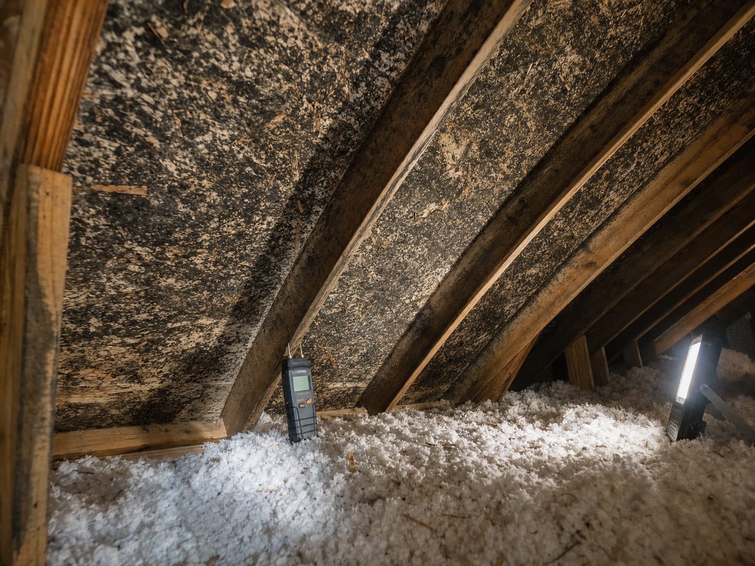 Thermal infrared camera aimed at a crawl space wood joist with moisture and mold growth visible on framing members