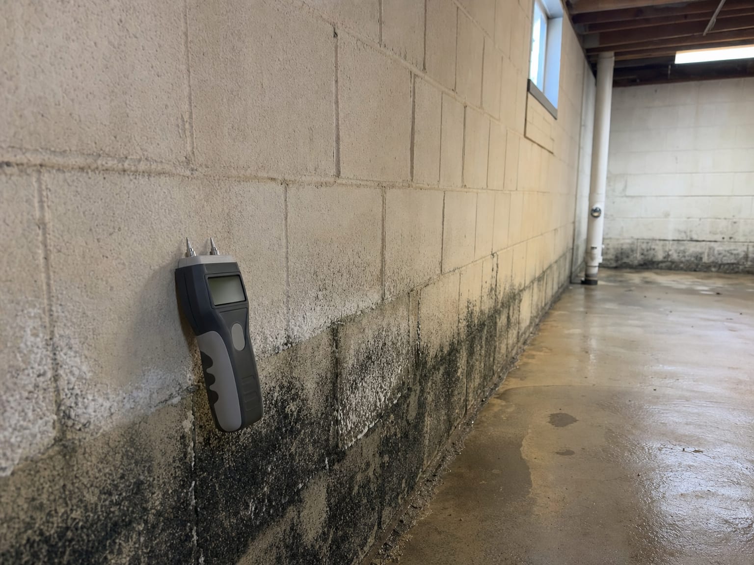 Attic rafters and roof sheathing boards showing widespread black mold staining across the plywood surface with a moisture meter resting on the sheathing