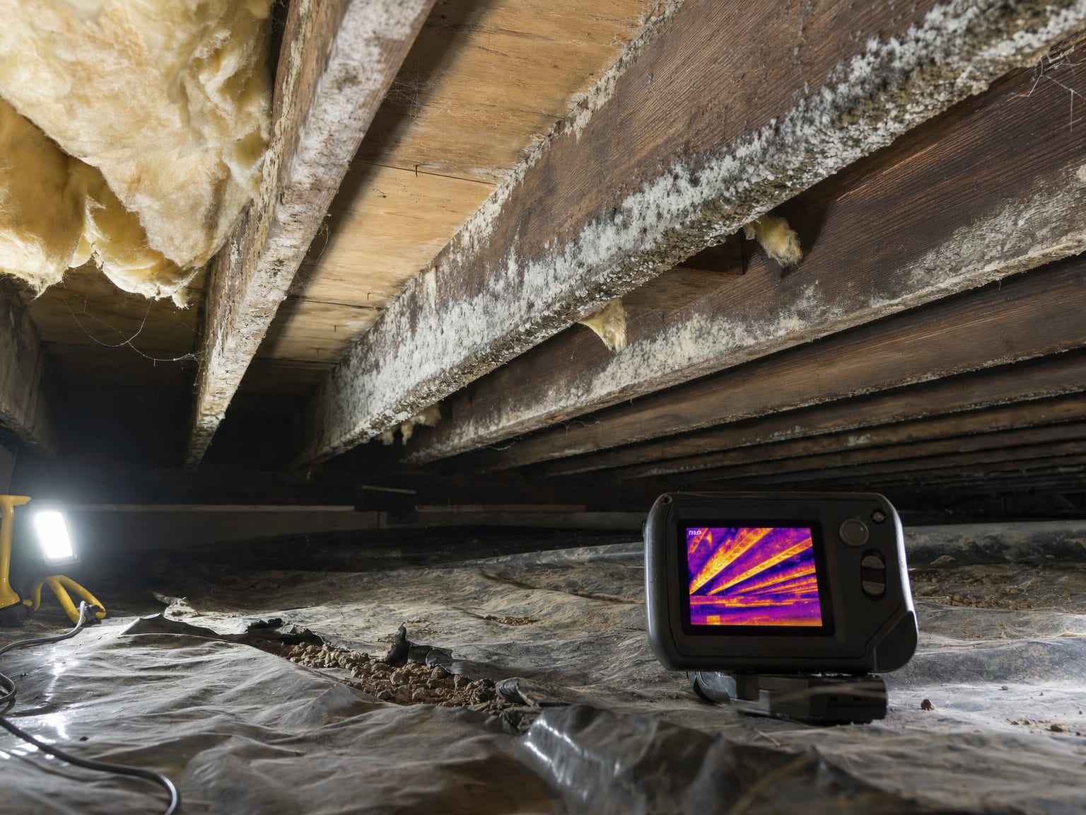 Unfinished basement corner showing moisture meter reading on a damp concrete block wall with visible mold staining along the base