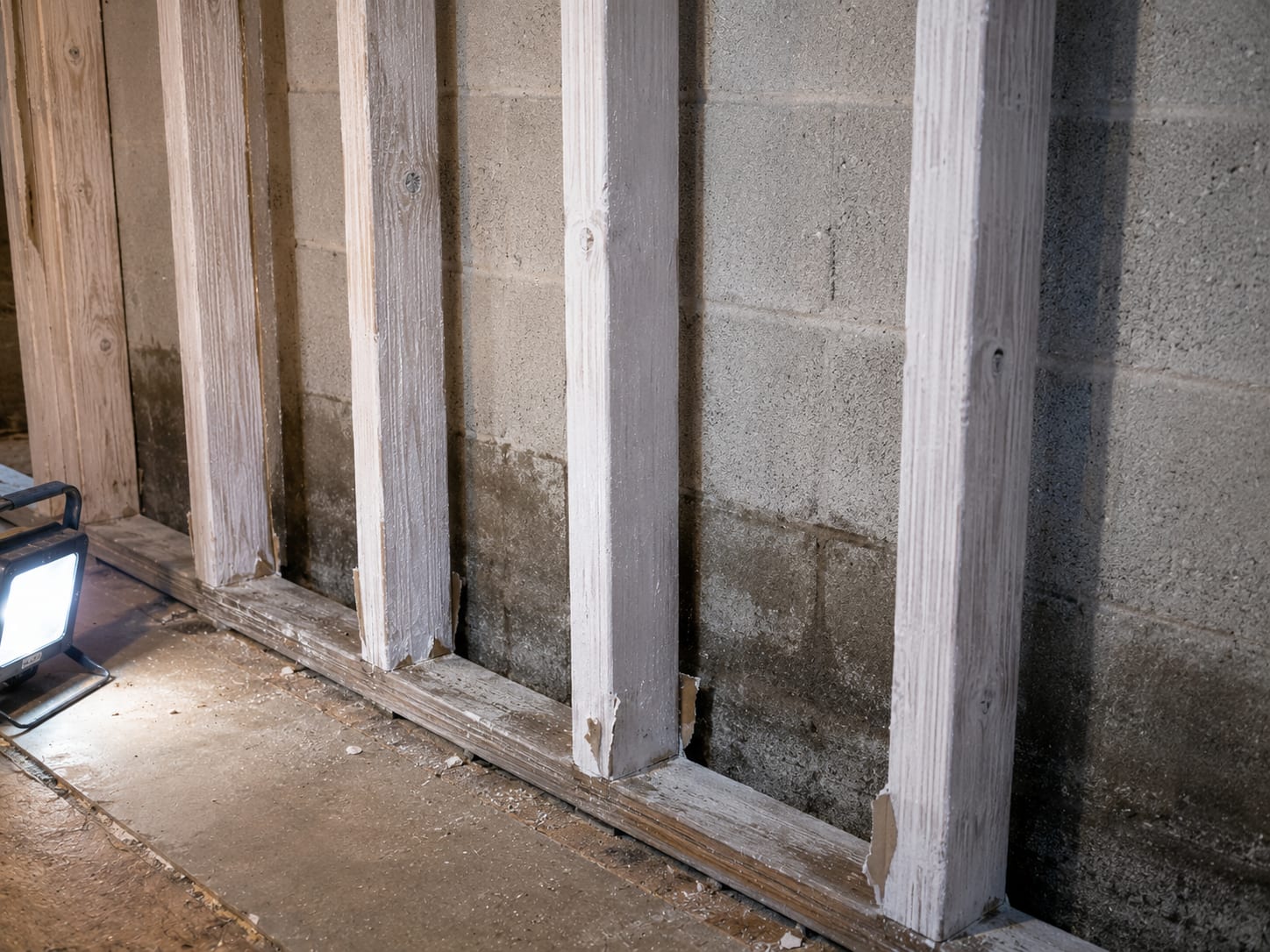 Close-up of remediated basement wall framing with stripped drywall and treated wood studs showing residual encapsulant coating