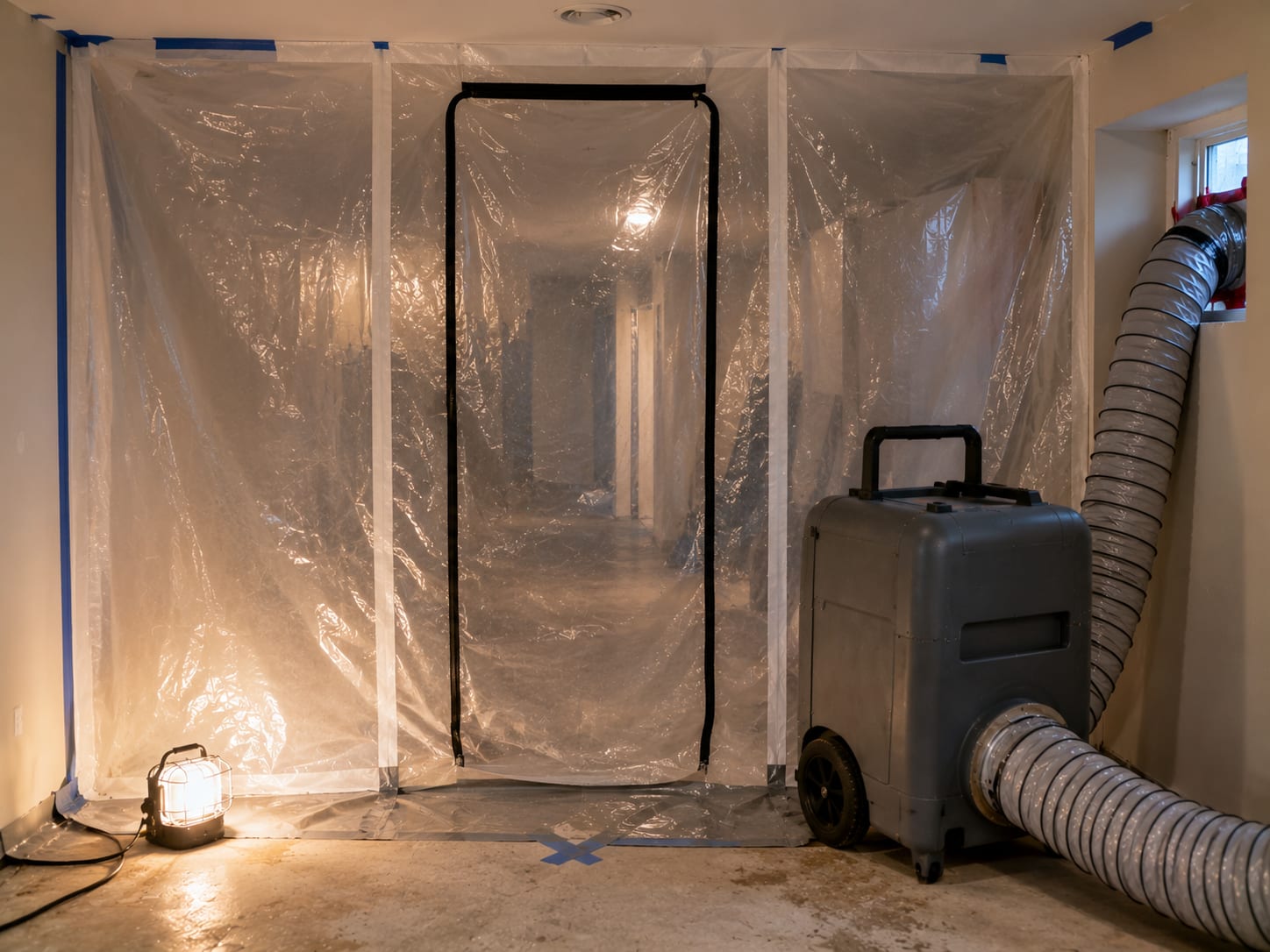 Plastic containment sheeting sealing off a finished basement in a New Jersey colonial home during active mold remediation