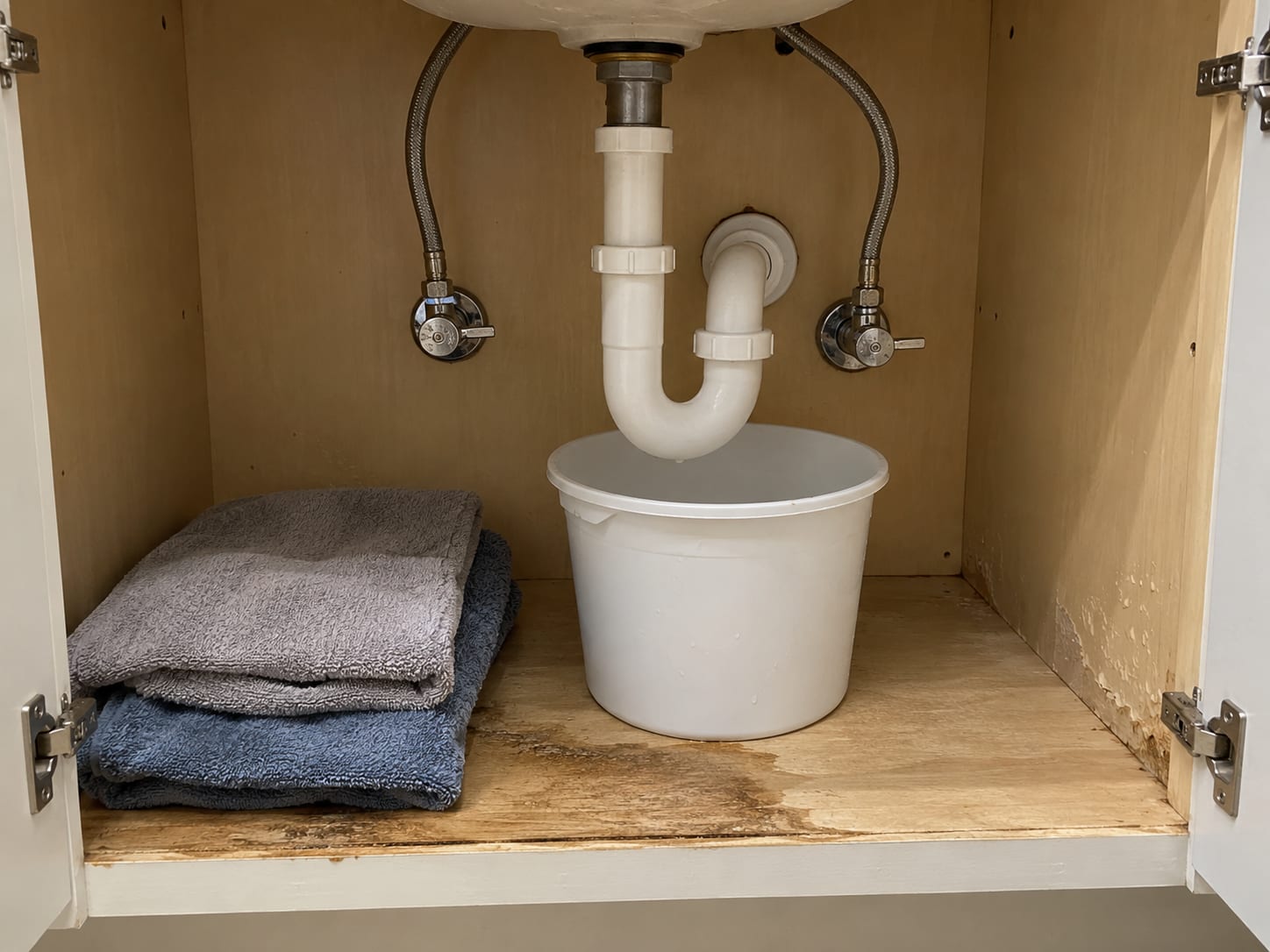 A bathroom vanity cabinet open to show a closed angle stop valve on the supply line, a plastic bucket under the trap and folded towels on the damp cabinet floor, in a Belle Mead, New Jersey home
