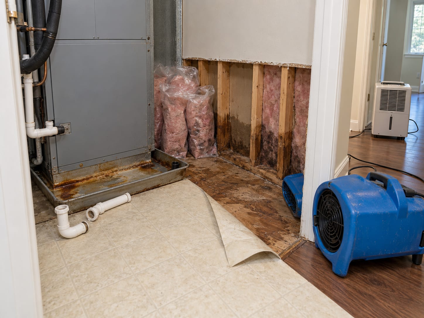 A mechanical closet with the air handler's drain pan overflowed, wet drywall cut away at the base of the closet wall and the floor beneath the unit being dried, in a Belle Mead, New Jersey home