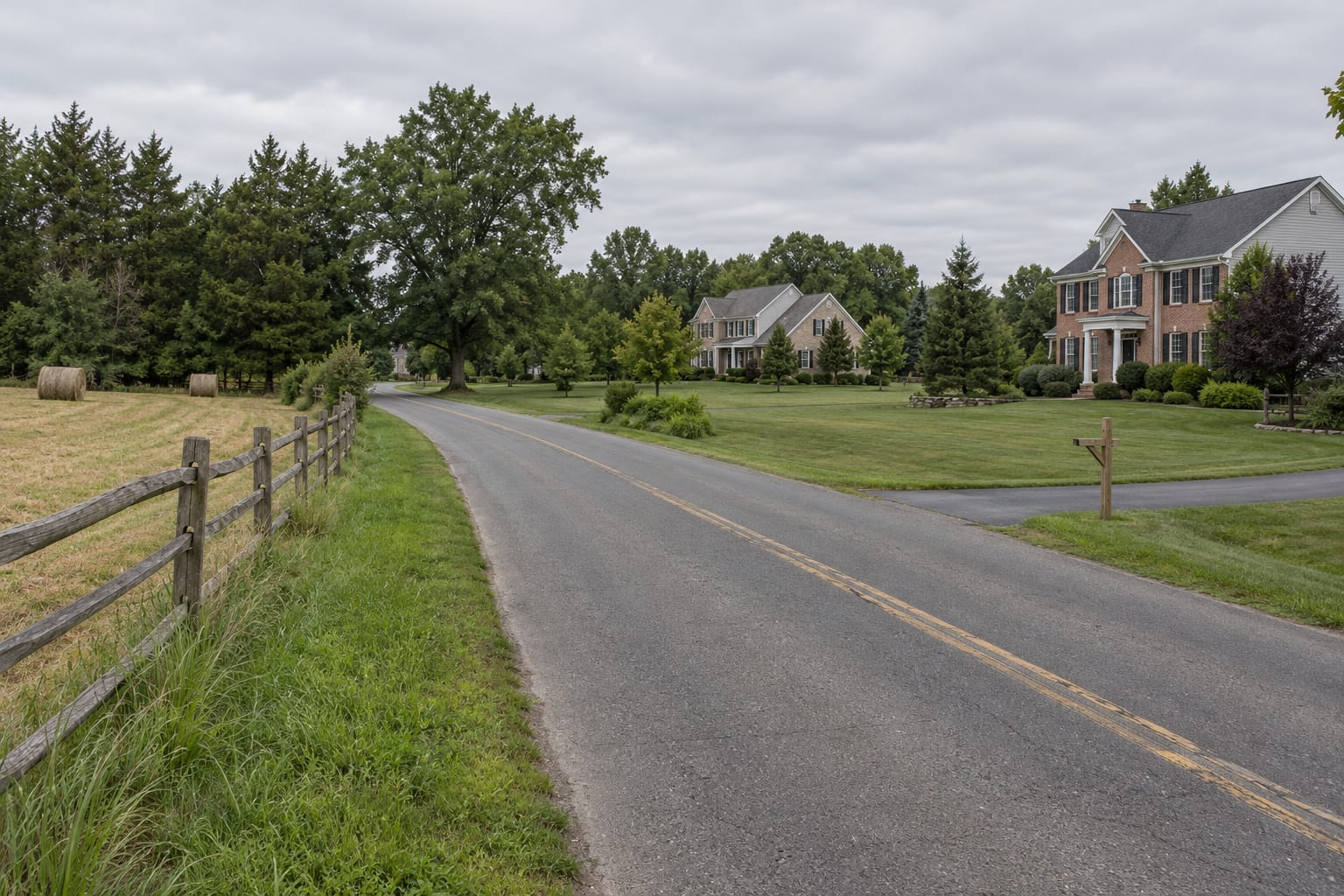 A two lane county road with a grass shoulder and a split rail fence beside a hay field, with newer colonial houses set back behind lawns, near Belle Mead, New Jersey
