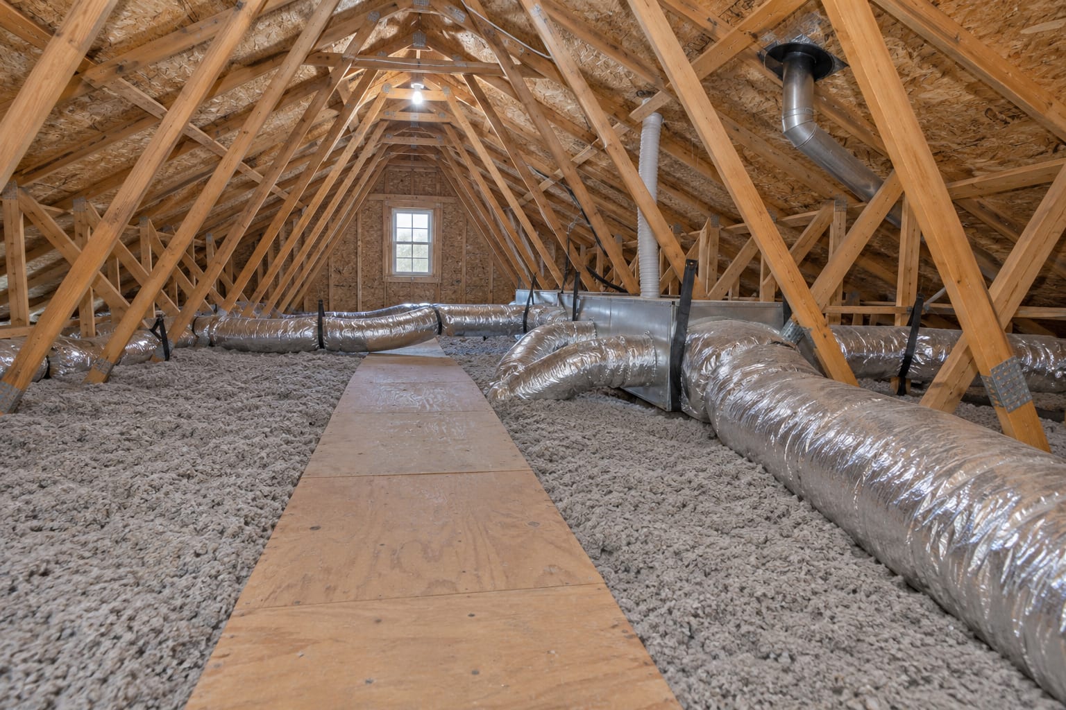 A wide unfinished attic with a plywood walkway, long insulated flexible duct runs and blown insulation under the roof rafters, in a large Belle Mead, New Jersey house