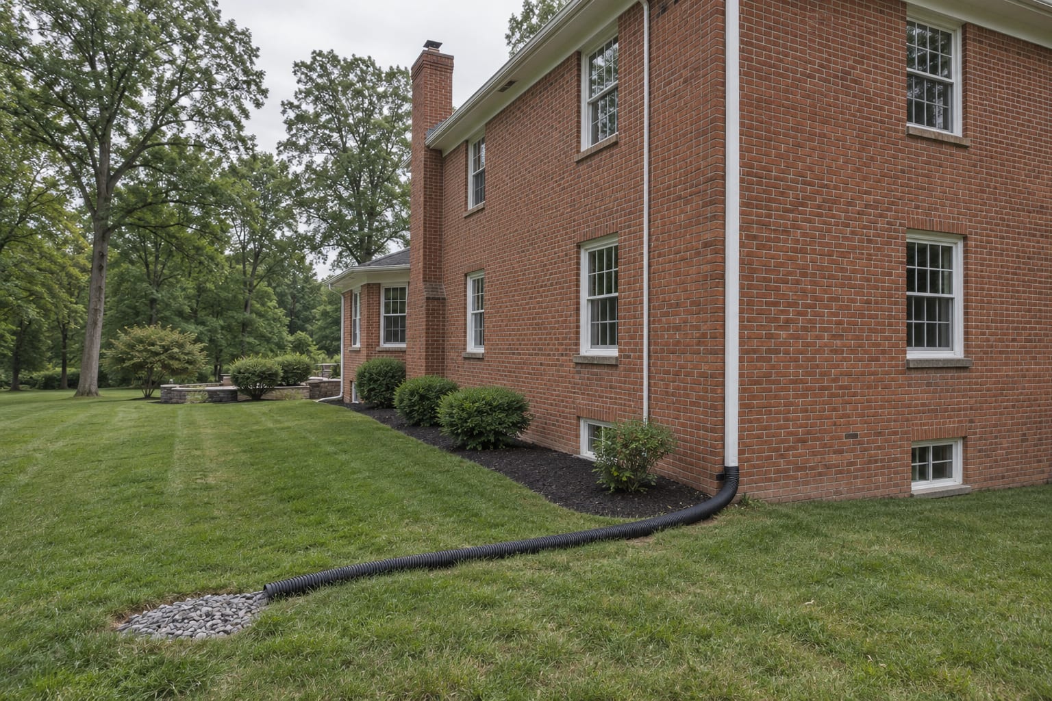 A rear corner of a brick colonial with a downspout leading to a flexible black extension laid across a lawn that slopes away from the foundation, in Belle Mead, New Jersey