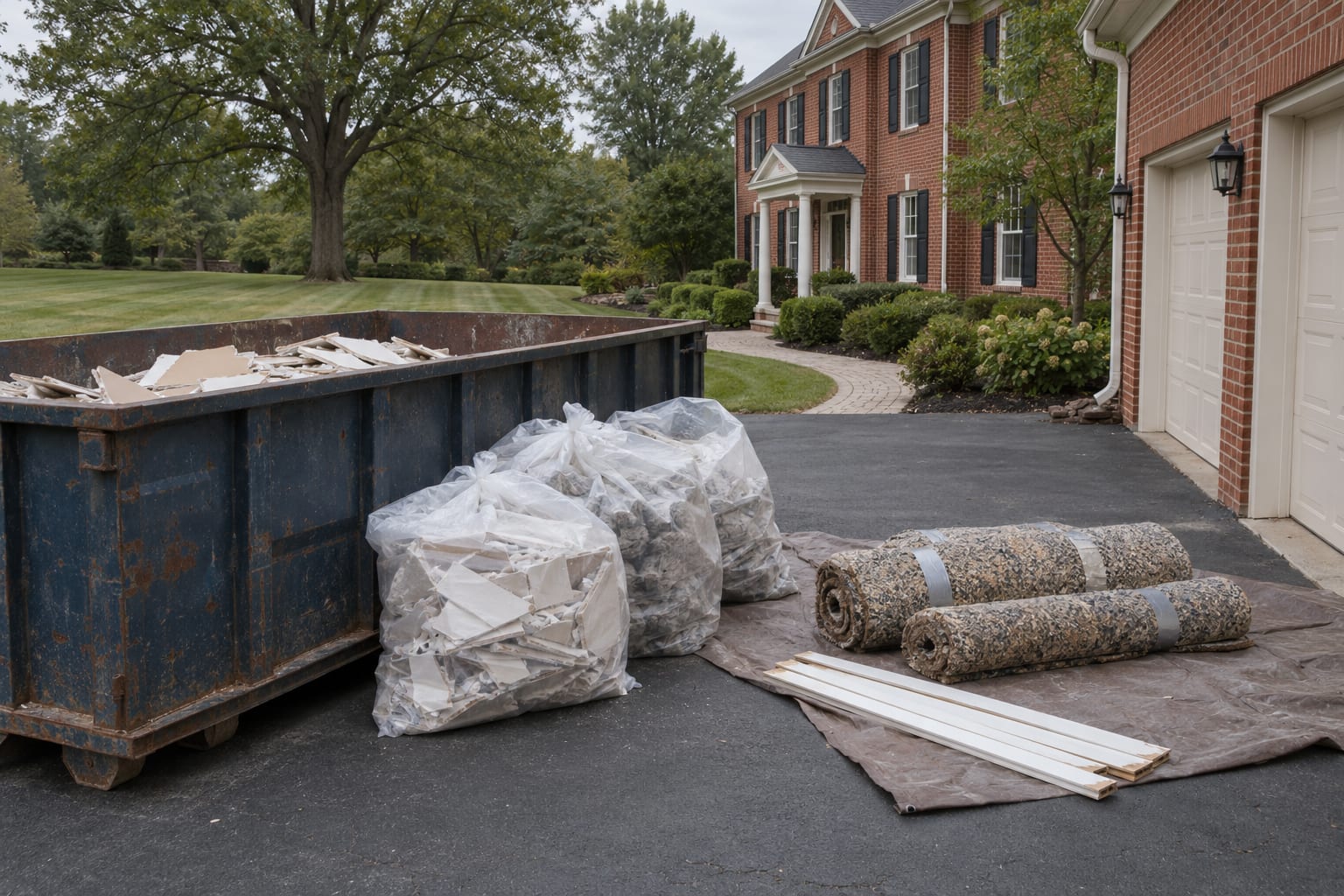 Clear and black heavy bags of removed drywall pieces and rolled carpet pad stacked on a driveway beside an open dumpster, in front of a brick colonial in Belle Mead, New Jersey