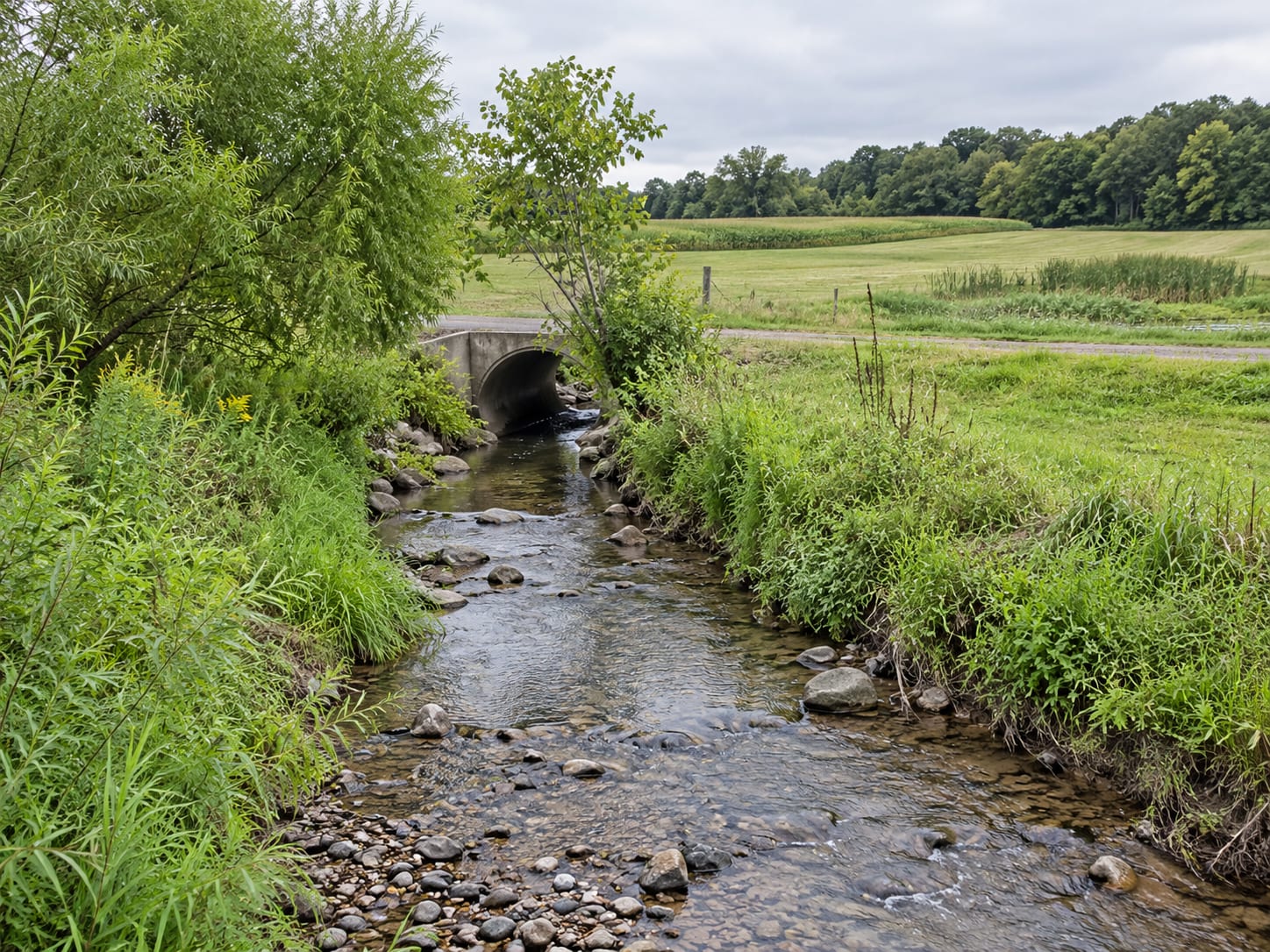 A small stream with a gravel bed winding past a grassy bank, a hedgerow and open farm fields with a wooded strip beyond, near Belle Mead, New Jersey