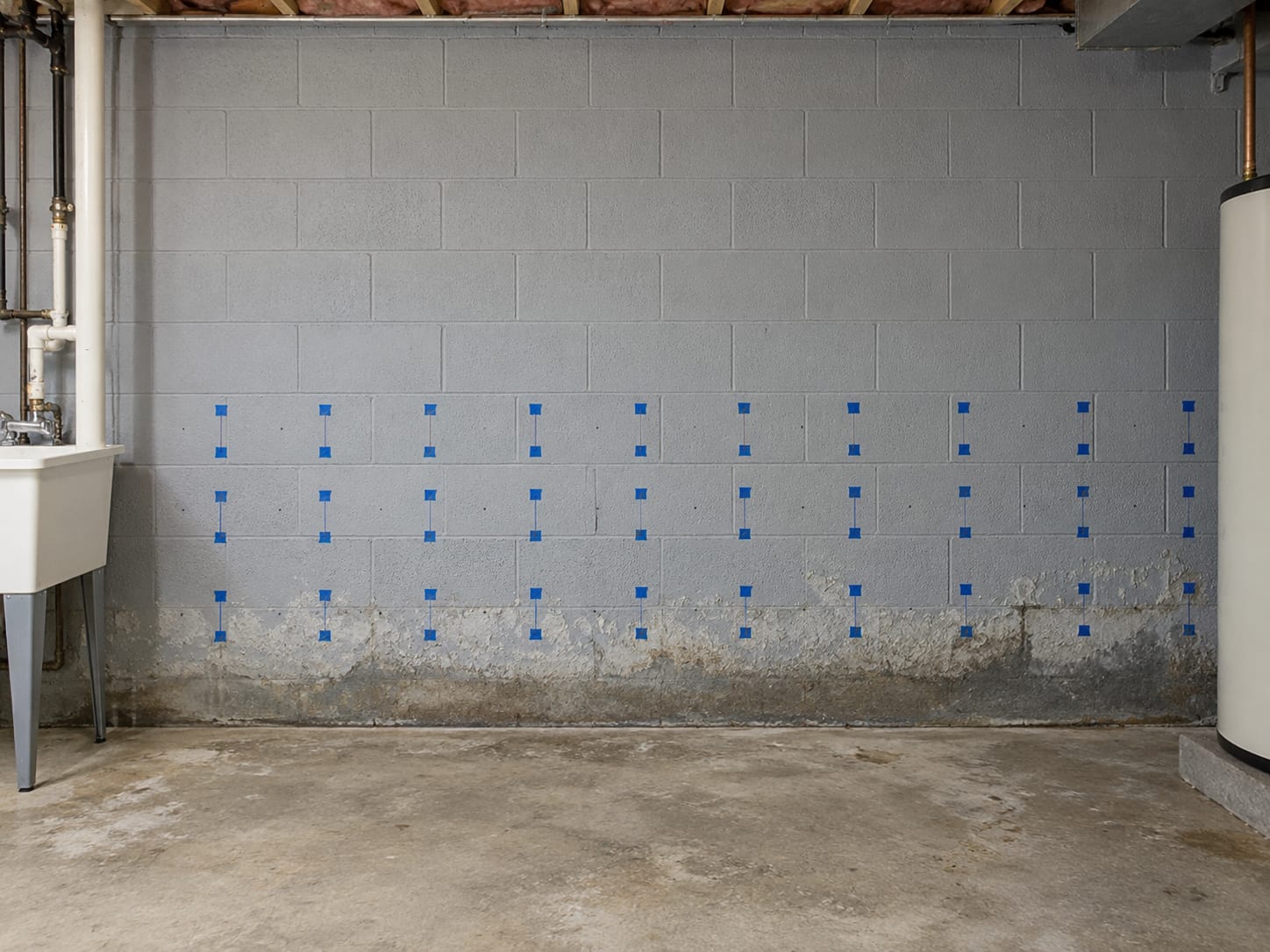 A painted concrete block basement wall with a grid of blue painter's tape squares, a pencil dot in each and a darker damp band along the bottom, in a Bordentown, New Jersey townhouse
