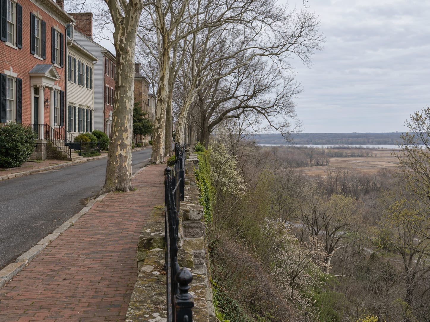 A street of tall brick and clapboard houses at the edge of a bluff with trees below, a creek valley and a flat grey river line far beyond, in Bordentown, New Jersey